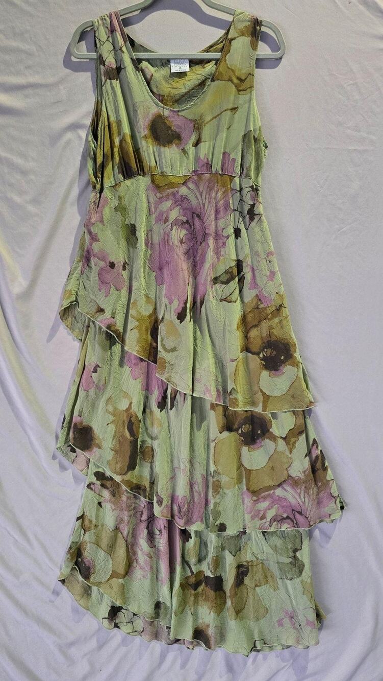 Click By Color Me Cotton Dress Womens Medium Green Floral Tiered Midi Sundress